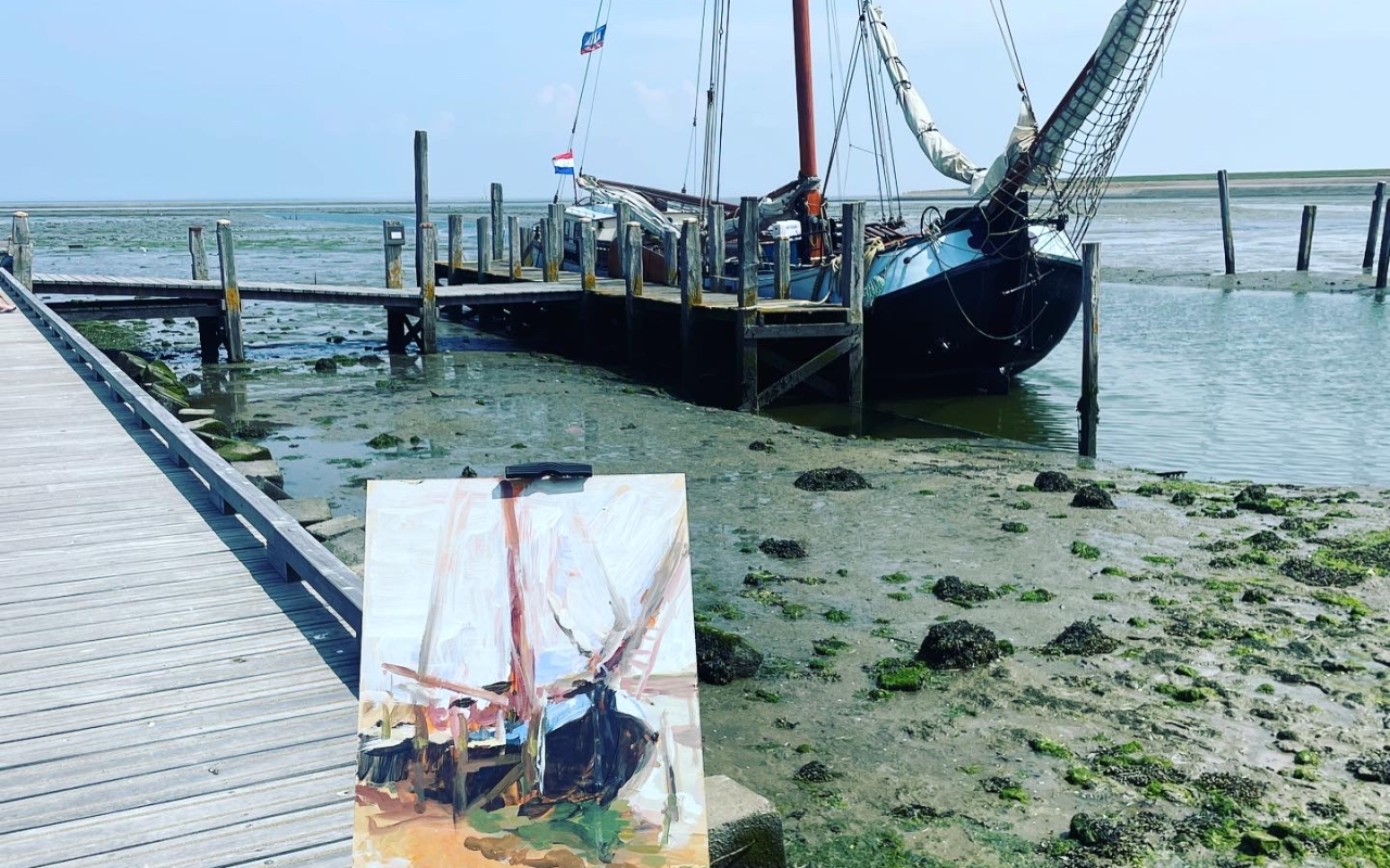 Pleinair sessie op schildervakantie aan boord van de Hollandia